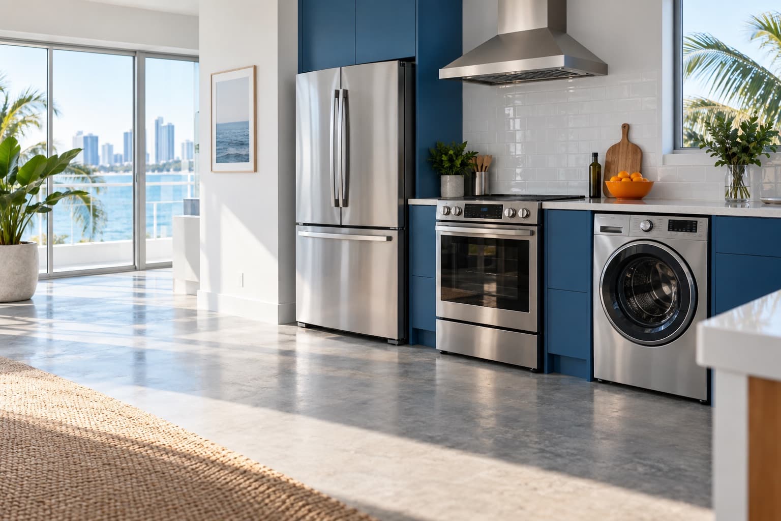 Staged kitchen with refrigerator, range and washer